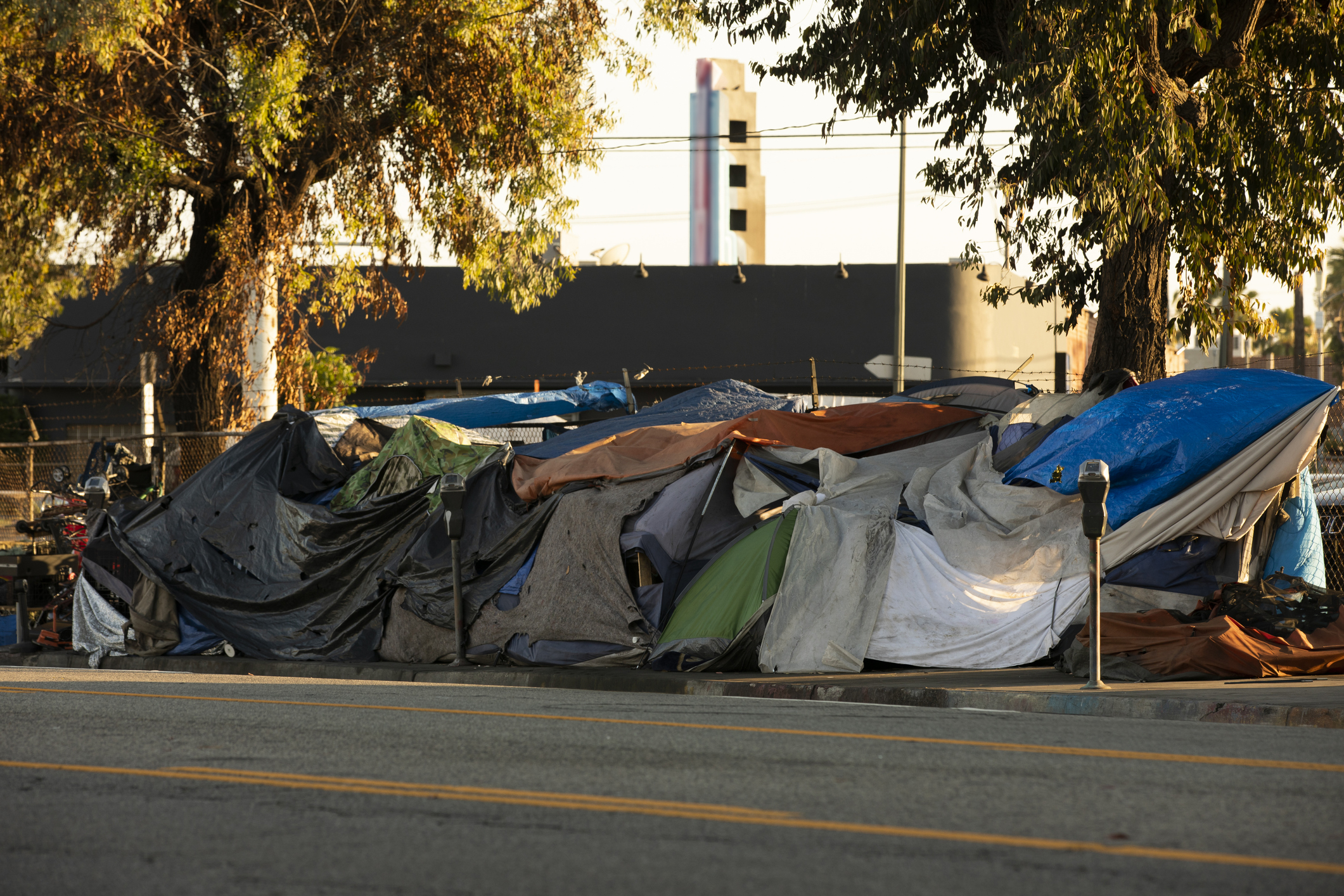 A homeless encampment sits on a street in Downtown Los Angeles, California.